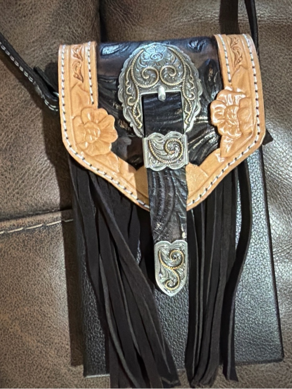 Fringed Tooled Leather Crossbody Bag in Black and Tan